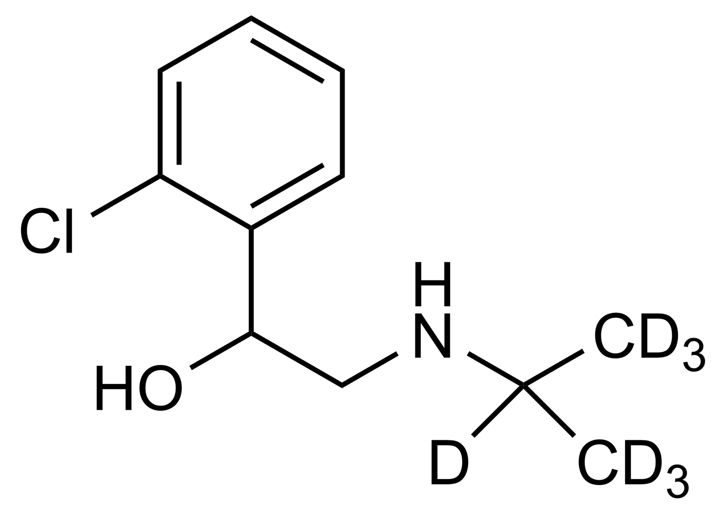 Clorprenaline D7 reference standard molecular structure - WITEGA Laboratorien Berlin-Adlershof GmbH Molecular structure of Clorprenaline D7 reference standard for LC MS MS and GC MS analysis from WITEGA Laboratorien Berlin-Adlershof GmbH
