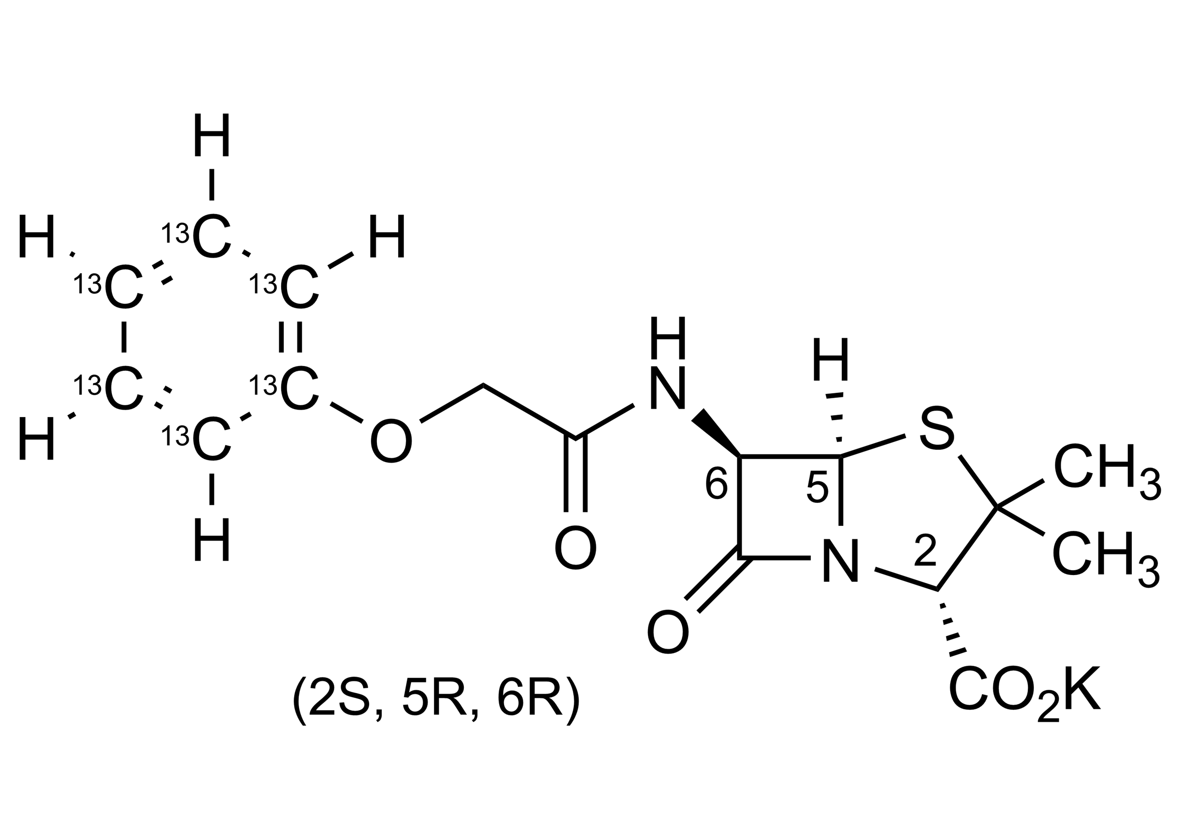 Phenoxymethylpenicillin-13C6 Potassium Salt Penicillin V 13C6 - Reference Standard Structure Molecular structure of Phenoxymethylpenicillin-13C6 potassium salt Penicillin V 13C6 reference standard for LC-MS/MS and GC-MS quantification