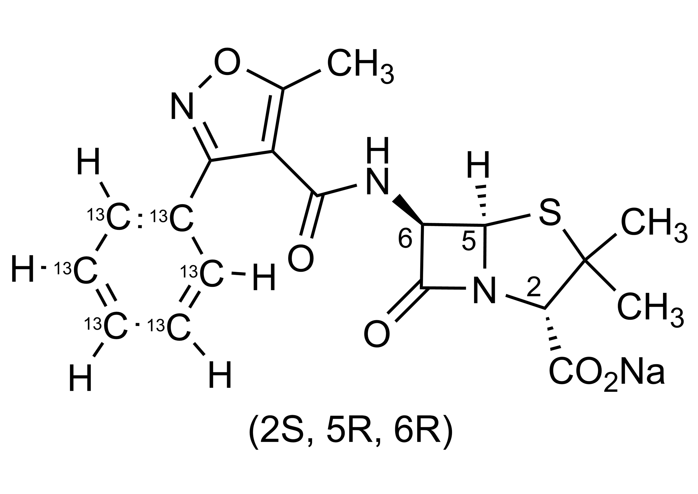 Oxacillin-13C6 sodium salt reference standard molecular structure image Molecular structure of Oxacillin-13C6 sodium salt reference standard for LC-MS/MS calibration by WITEGA Laboratorien Berlin-Adlershof GmbH