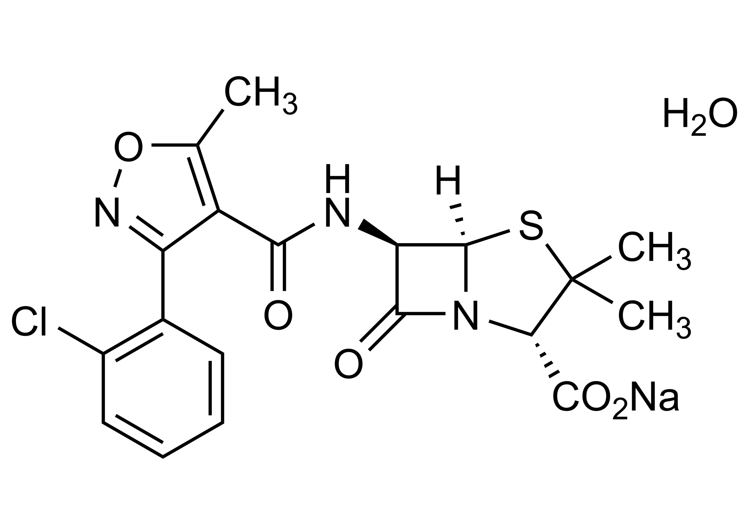 Molecular structure of Cloxacillin sodium salt monohydrate reference standard (CAS 7081-44-9)