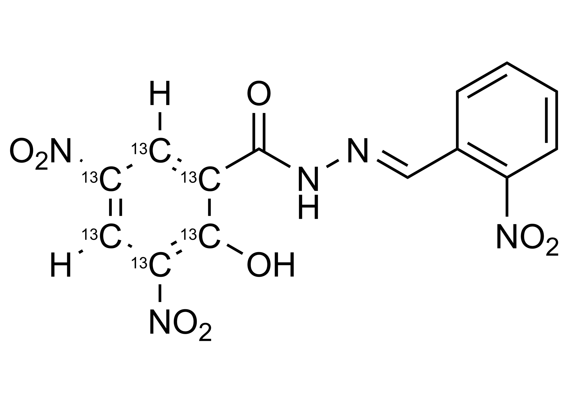 Molecular structure of 2-NP-DNSAH-13C6 reference standard for LC-MS/MS and GC-MS nitrofuran analysis by WITEGA Laboratorien Berlin-Adlershof GmbH
