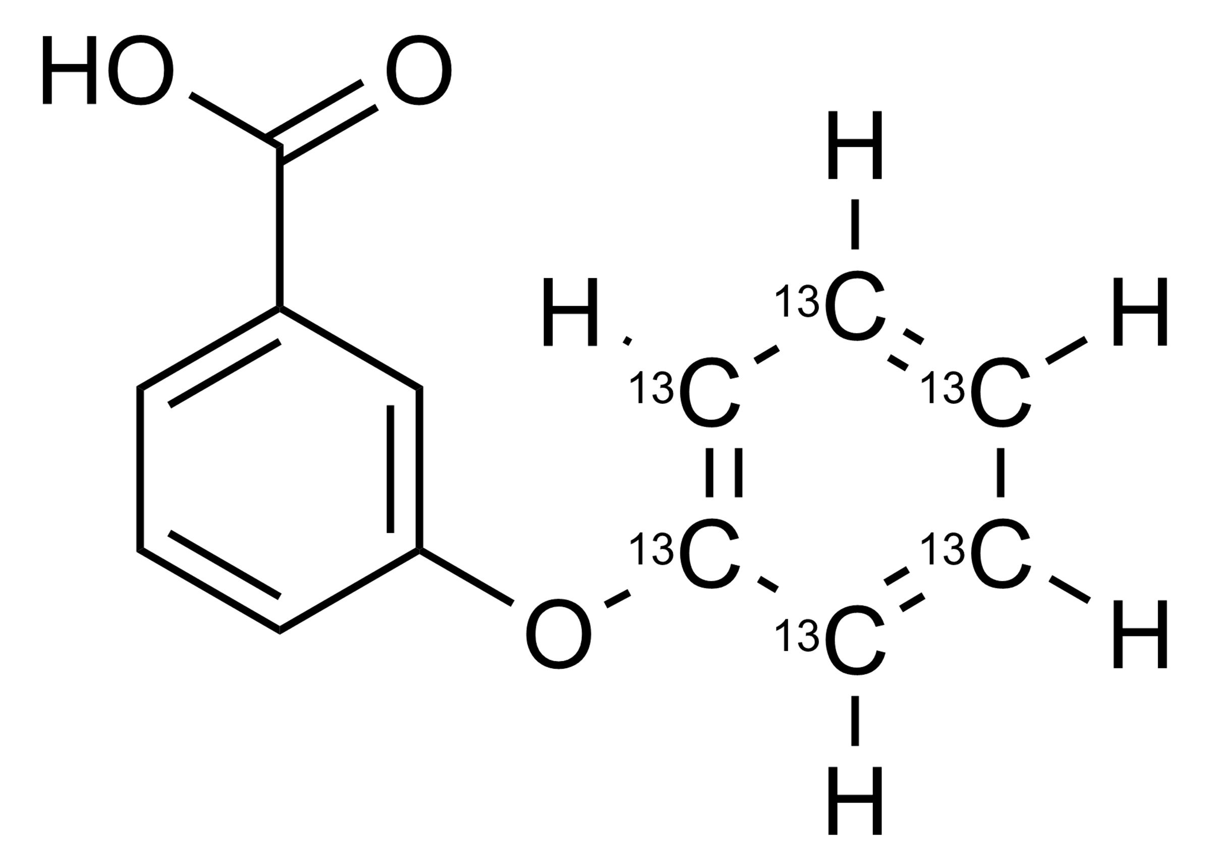 Molecular structure of 3-Phenoxy-13C6-benzoic acid Permethrin metabolite 3-PBA reference standard for LC-MS/MS and GC-MS quantification