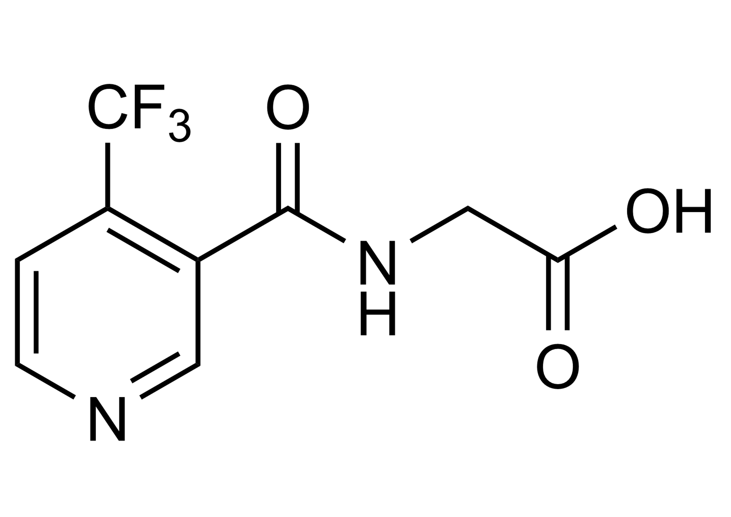 Molecular structure of 4-(Trifluoromethyl)-nicotinoyl glycine TFNG reference standard for LC-MS/MS and GC-MS quantification