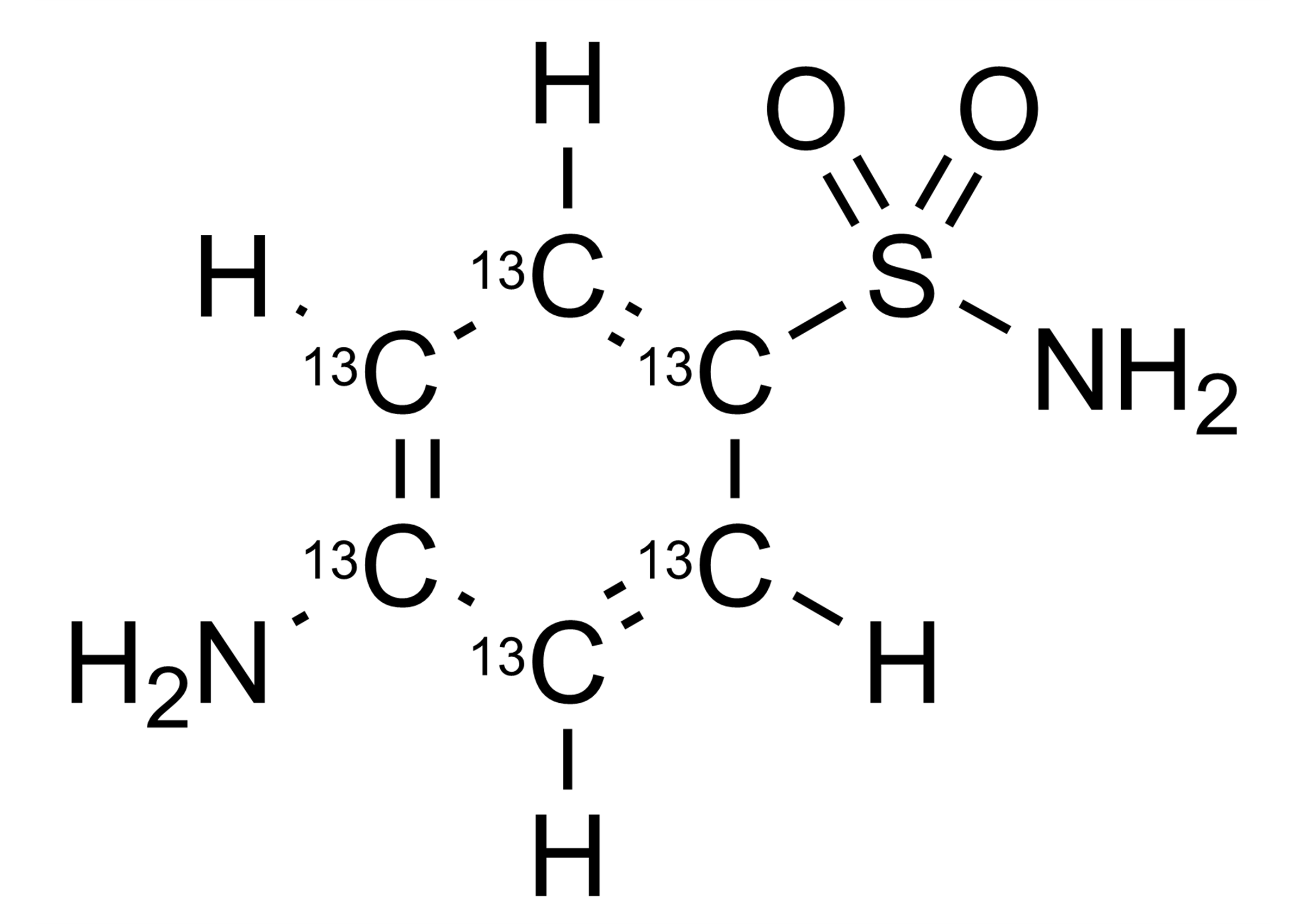 Molecular structure of Sulfanilamide-13C6 reference standard for LC-MS/MS and GC-MS (CAS 1196157-89-7)