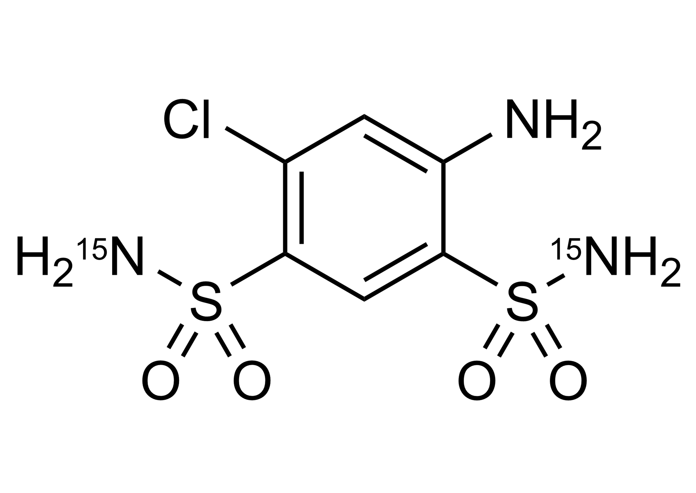 Molecular structure of 4 Amino 6 chloro 1 3 benzenedisulfonamide 15N2 reference standard (CAS 446877-58-3) for LC MS MS and GC MS