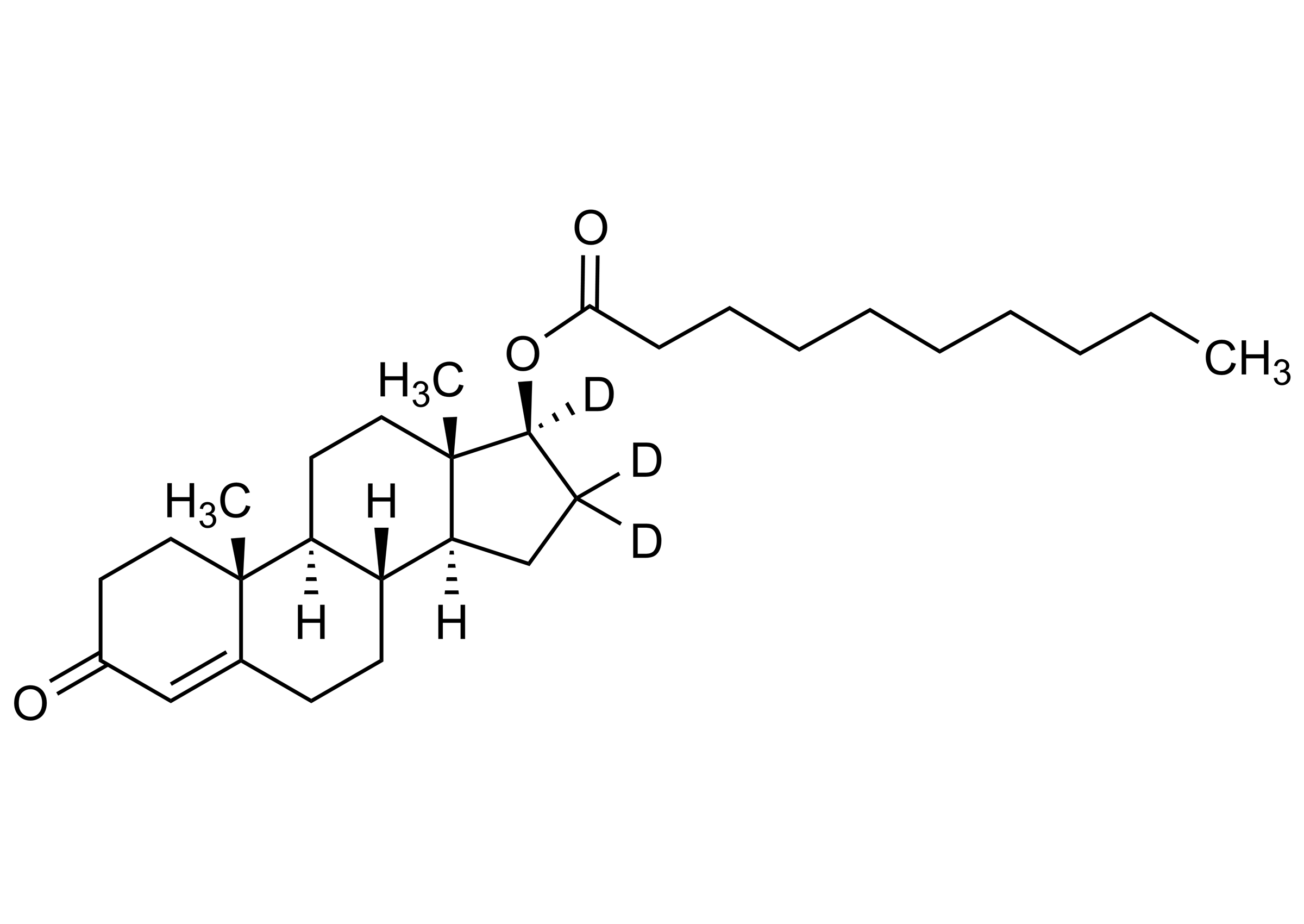 Molecular structure of Testosterone-16,16,17-D3-decanoate reference standard for LC-MS/MS and GC-MS quantification (CAS 876054-57-8)