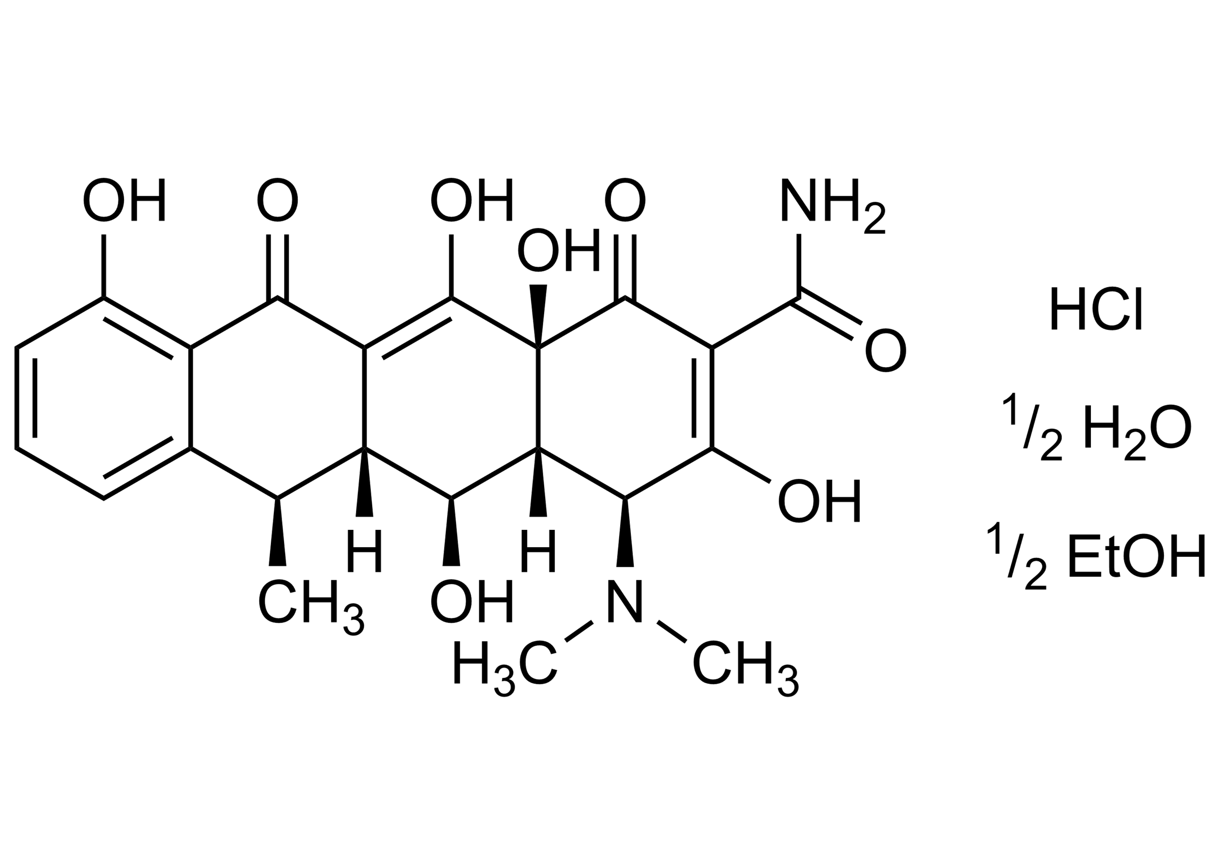 Doxycycline hyclate molecular structure reference standard (CAS 24390-14-5) for LC-MS/MS and GC-MS quantification